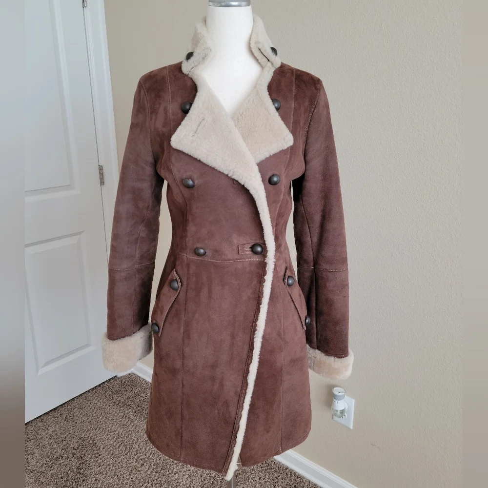 Gena Vintage 100% Genuine Shearling Wool Brown Military Style Pea Coat Size XS - Picture 2 of 12